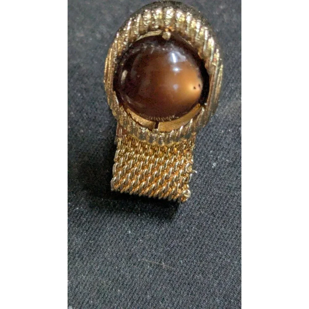 Swank Vintage Wrap Around Mesh Cufflinks Brown‎ Cabochon Stones Gold-Tone Finish